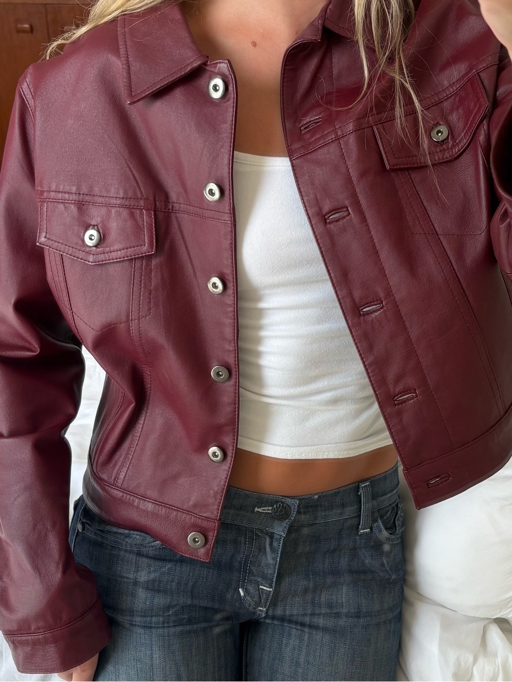 vintage Burgundy genuine Leather Jacket Button-Front